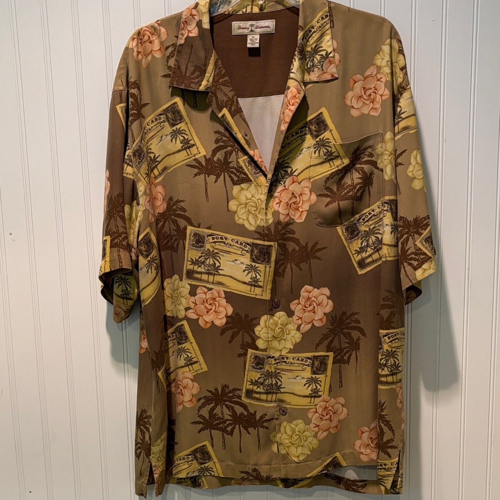 Tommy Bahama Short Sleeve Silk Brown Post Card Men's Shirt Size XL